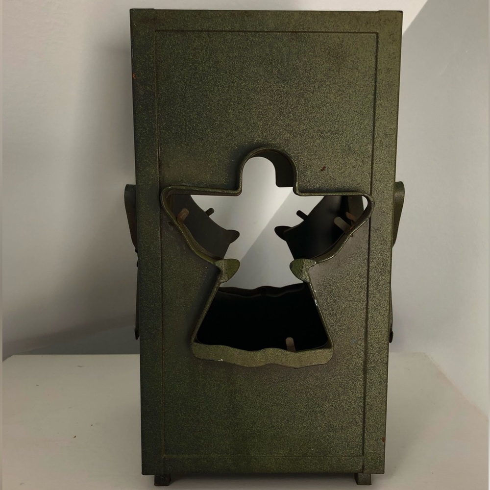 Vintage Rustic Old Metal Moss Green Cookie Cutout Angel Candle Holder Lantern